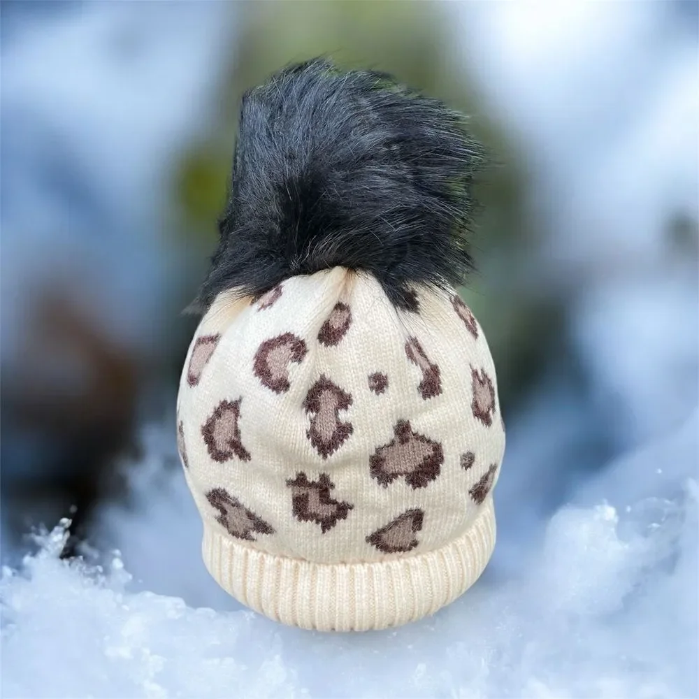 NWT New Adrienne Landau Beige/Black Animal Print Faux Fur Pom-Pom Hat/Beanie OS